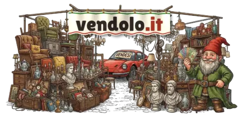 vendolo.it: banner di stoffa sulla bancarella di un mercatino con mobili, lampadari, statue, un'auto rossa in vendita e il nano mascotte con le banconote